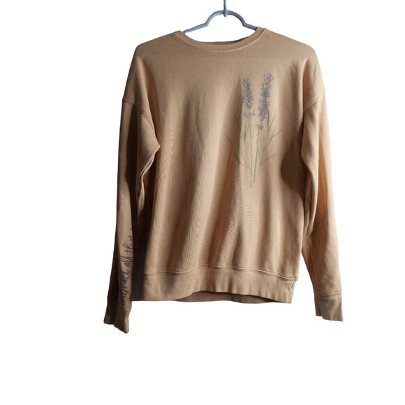 Unknown Tops - Crew neck sweatshirt Tan blue floral embrace all that is you sleeve Sz s/m